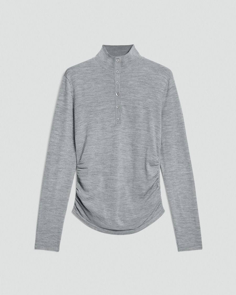 TH Shirred Henley Regal Wool Sweater Quarter Button Long Sleeve Top