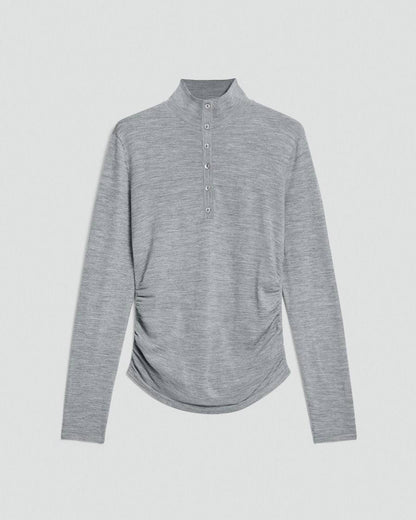 TH Shirred Henley Regal Wool Sweater Quarter Button Long Sleeve Top