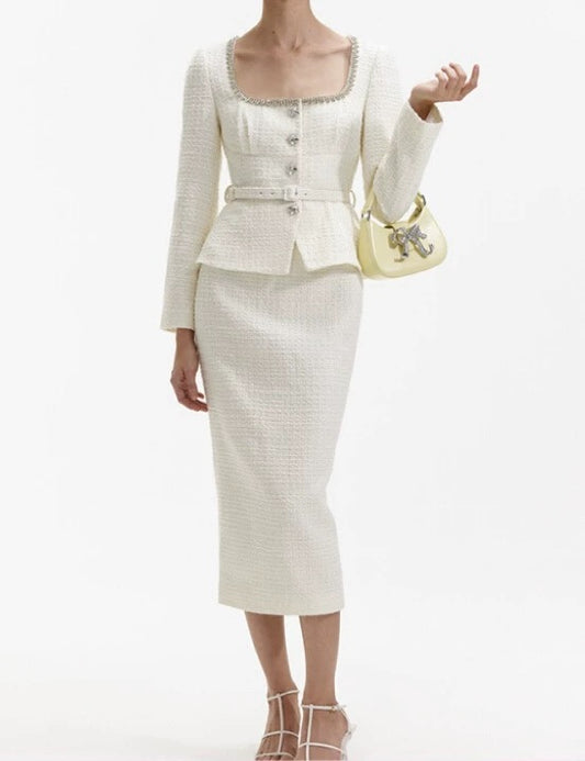 SP Cream Boucle Diamante Trim Midi Dress