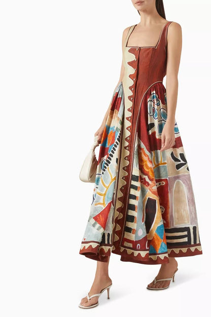 ALM Michelle Linen-Viscose Square Neck Midi Dress