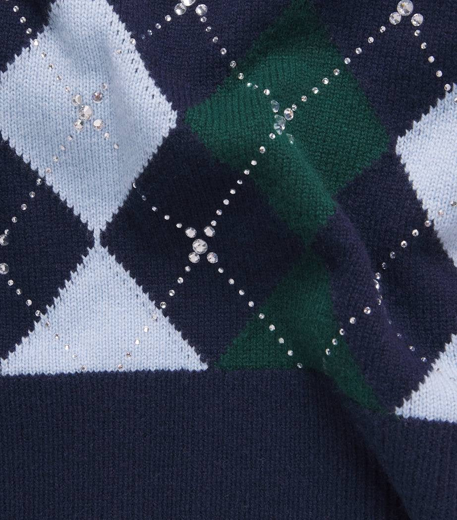 Argyle Diamond Jumper Sweater with Rhinestones & Wool Triangle Scarf | Green/Blue/Navy Set