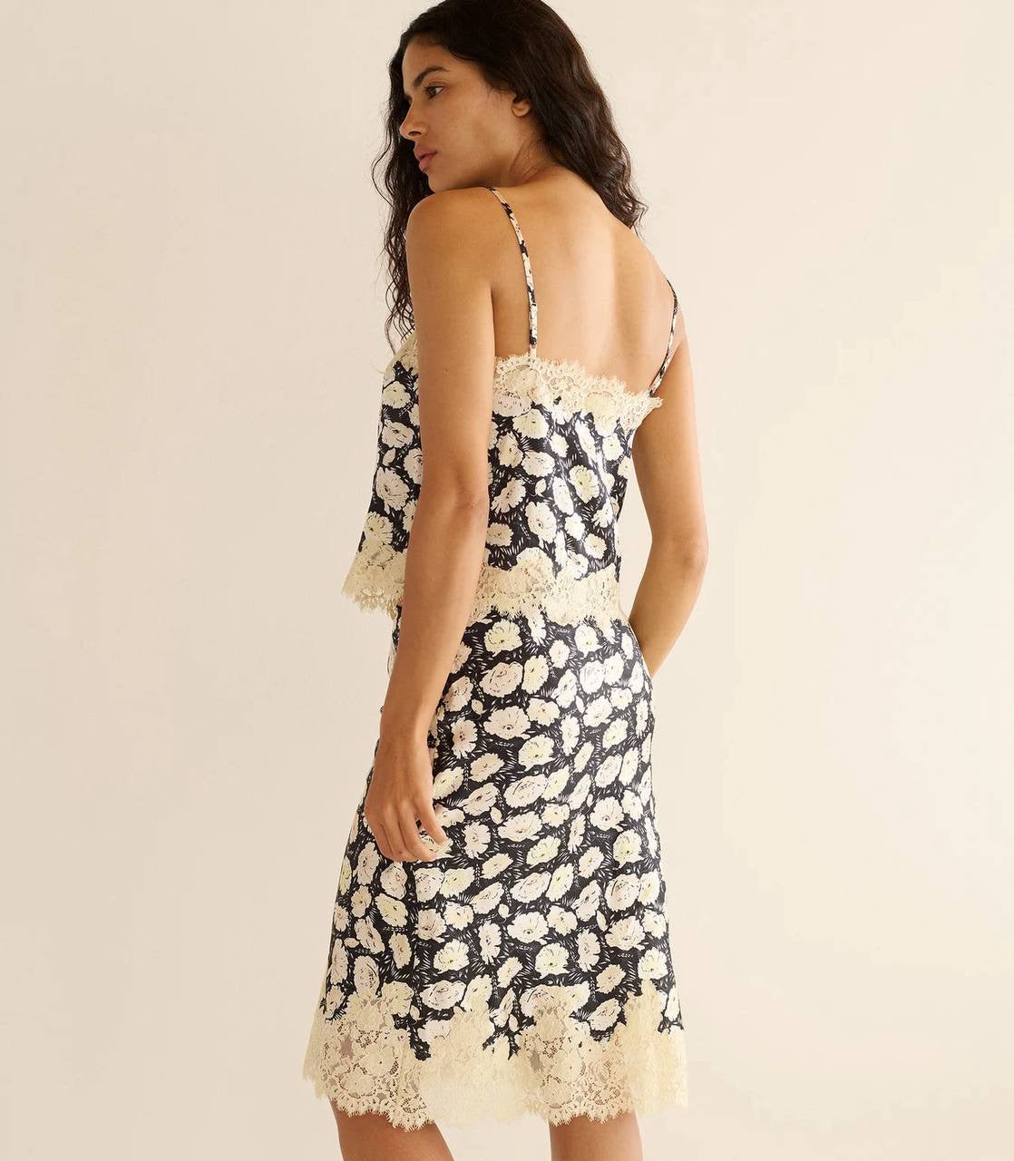 DN Loure Lace Camisole Top |  Elowette Floral Lace Hem Silk Midi Skirt | Set