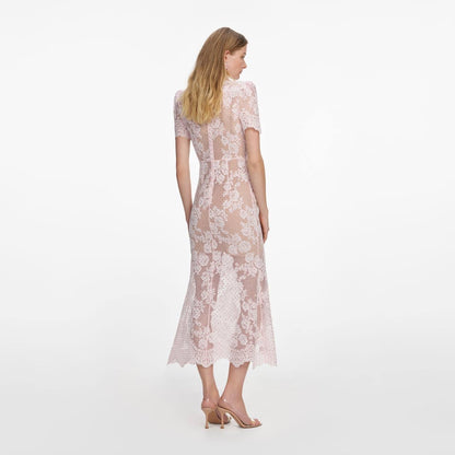 SP Pink Rhinestone Lace Short Sleeve Midi Dress