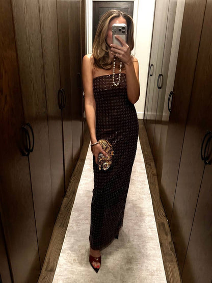 RTT Embellished Grid Sequin Sleeveless Maxi Dress in Recycled Polyester
