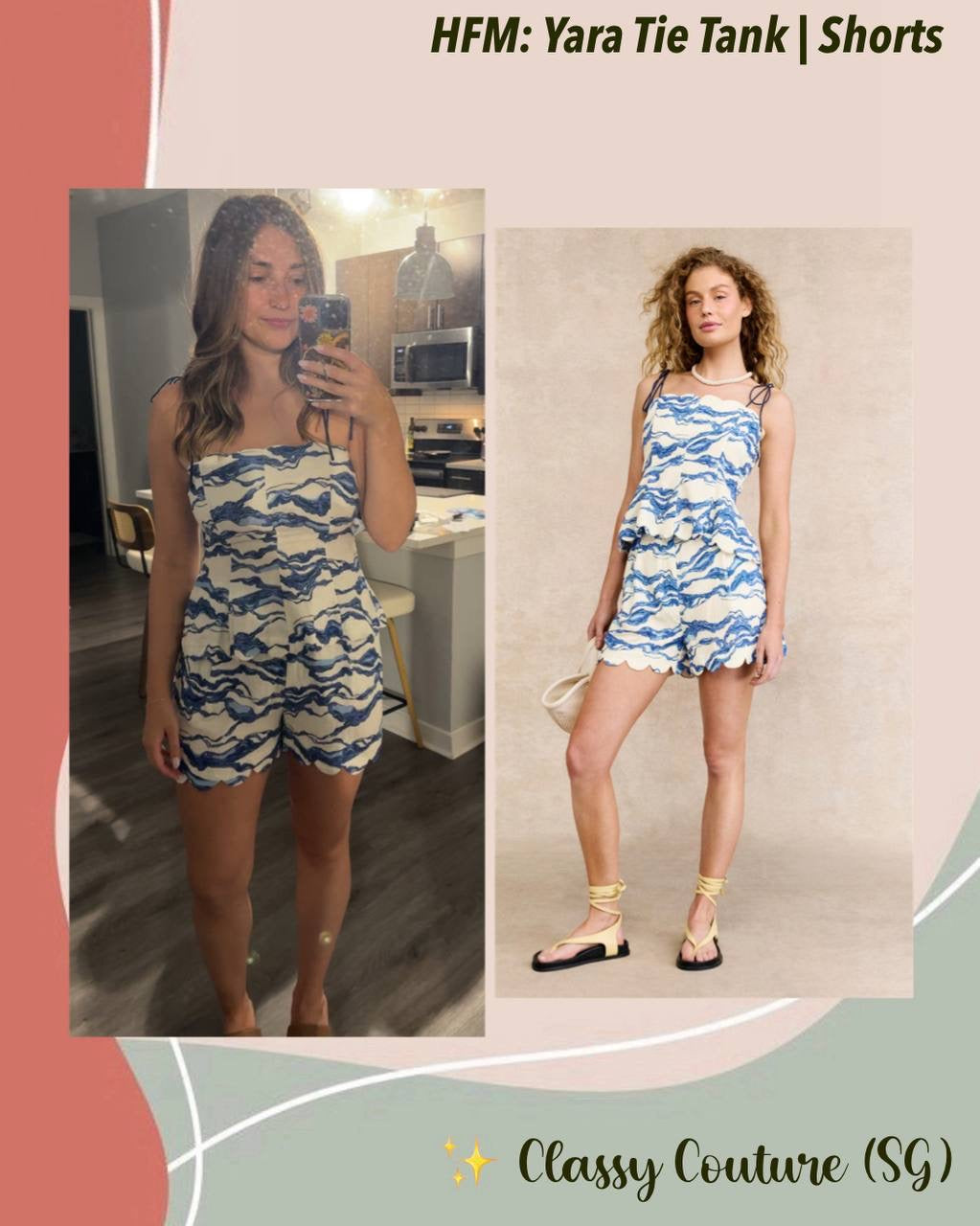 HFM Yara Tie Tank Cami Top | Petra Shorts | Sea/light blue Scallop Hem Cotton-Linen Set