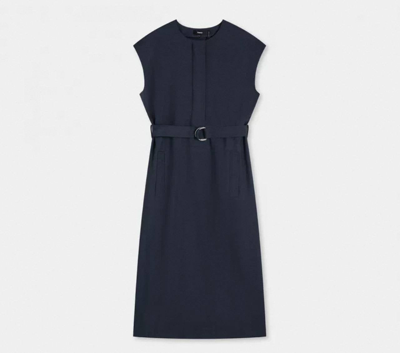 TH City Twill Cap Sleeve Belted Trapunto Midi Dress in Navy