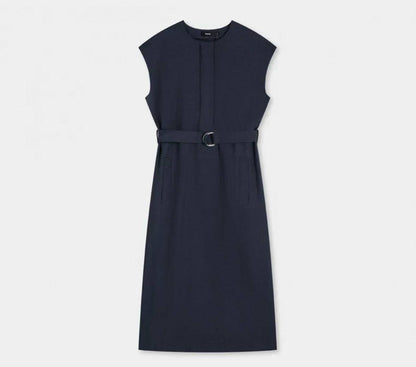 TH City Twill Cap Sleeve Belted Trapunto Midi Dress in Navy