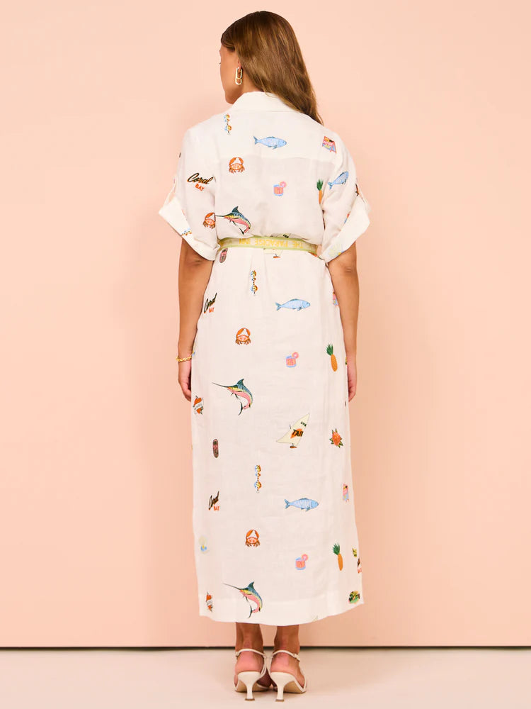 ALM Blue Marlin Embroidered Linen Midi Dress