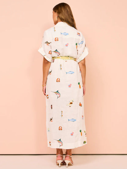 ALM Blue Marlin Embroidered Linen Midi Dress