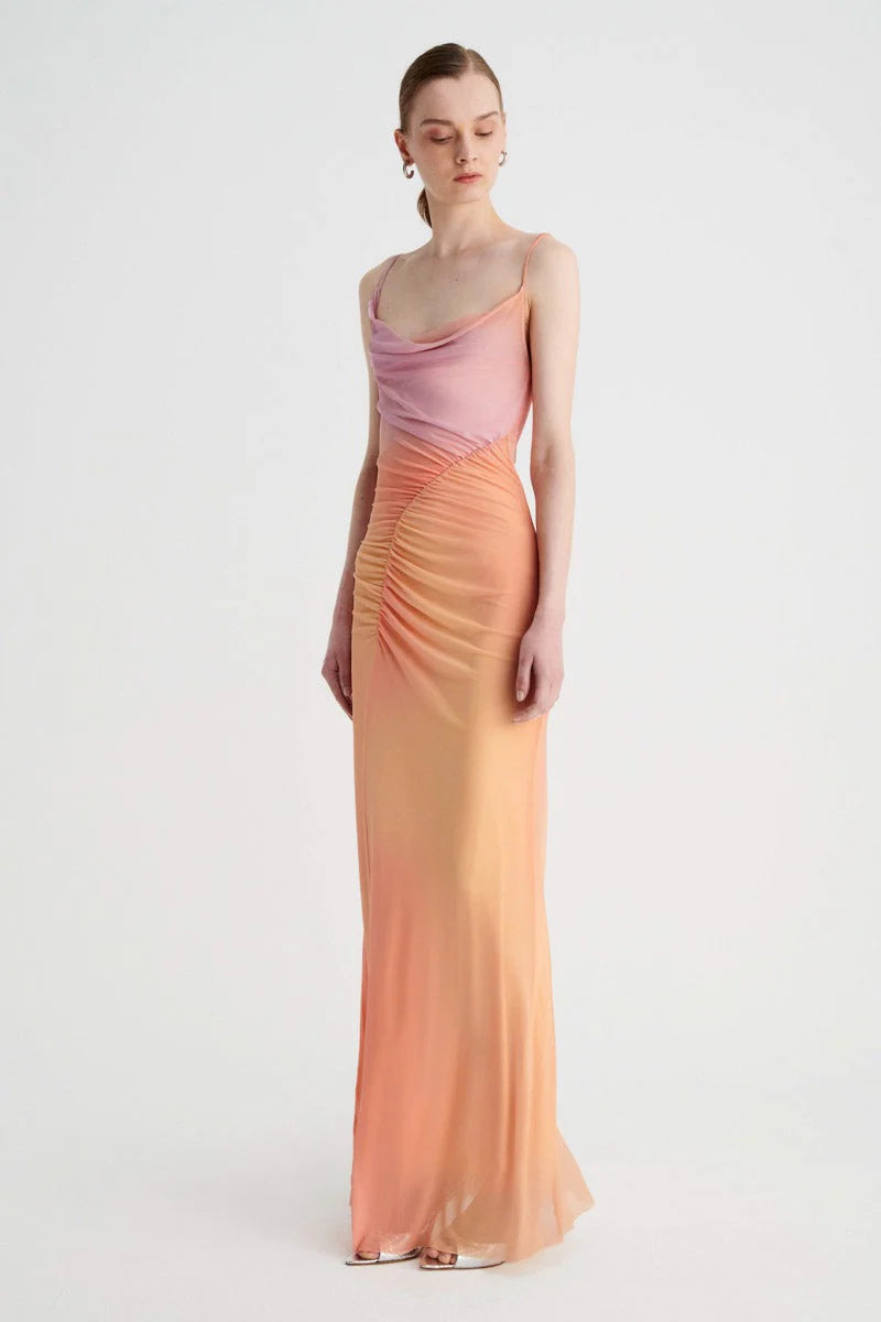 SB Venus Strappy Ruched Maxi Dress with Cowl Neck in Ombre