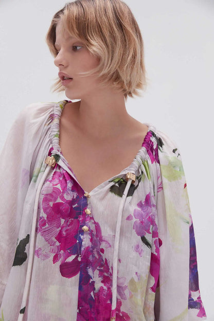 AJ Bridget Bell Sleeve Blouse in Wild Hydrangea Linen-Blend