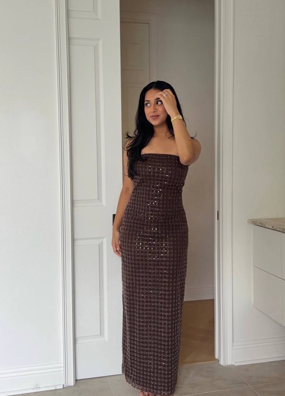 RTT Embellished Grid Sequin Sleeveless Maxi Dress in Recycled Polyester