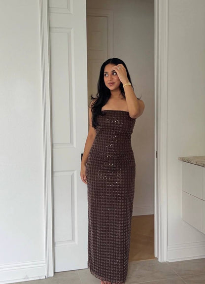 RTT Embellished Grid Sequin Sleeveless Maxi Dress in Recycled Polyester