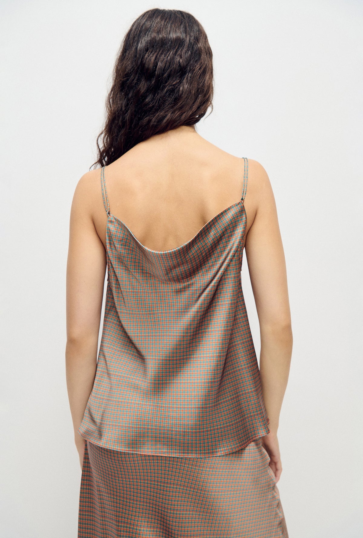 SL Drape Silk Satin Reversible Cami Top in Hammered Black & Micro Plaid