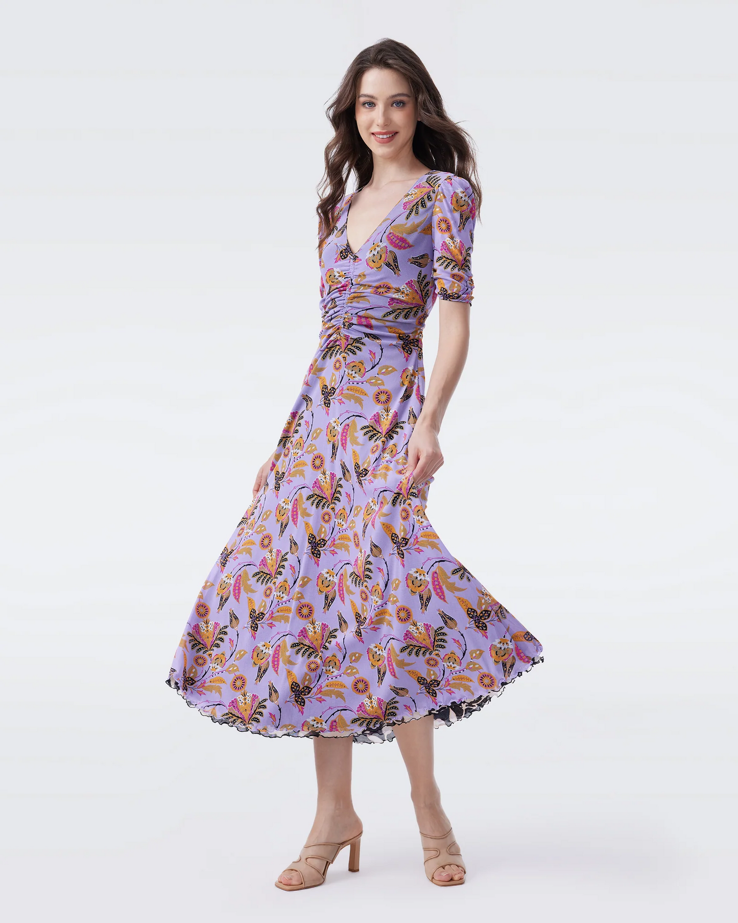 DVF Koren Reversible Mesh Midi Dress in REAL TO CHINTZ LILAC/INLAY FLOWER BLACK