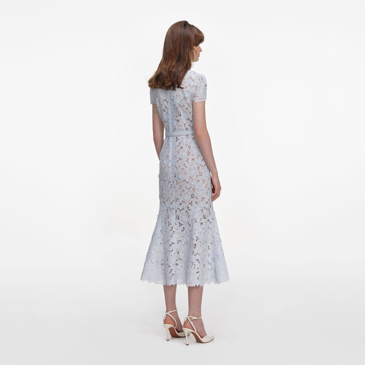 SP Blue Lace Guipure Collar Belted Midi Dress