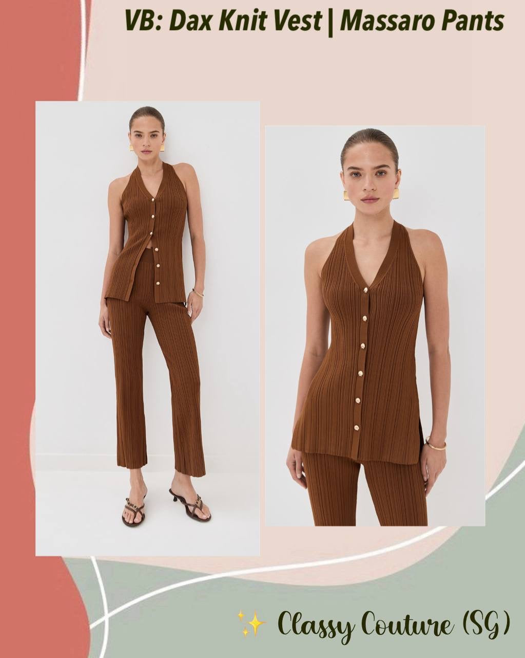 VB Dax Seashell Knit Vest | Massaro Pants | Viscose-blend Dark Whiskey Set
