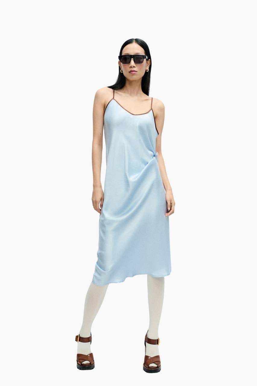 SL 90S Adjustable Silk Slip Midi Dress in Cornflower Blue /Red Contrast