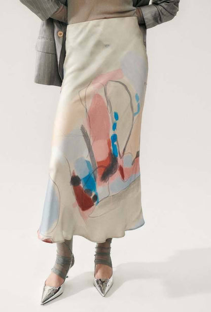 SALE! SL Long Bias Cut Silk Midi Maxi Skirt in Expressionist