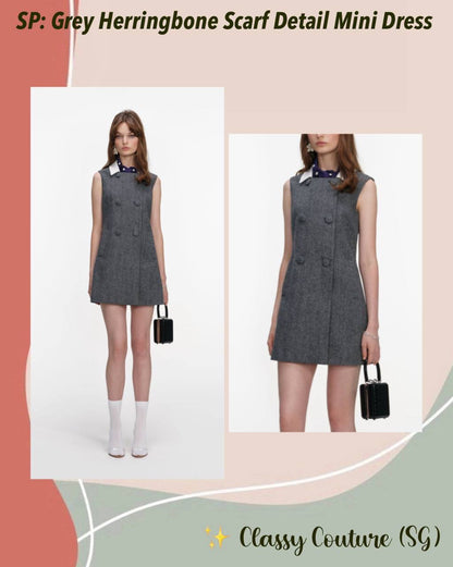 SP Grey Herringbone Scarf-Detail Shift Mini Dress