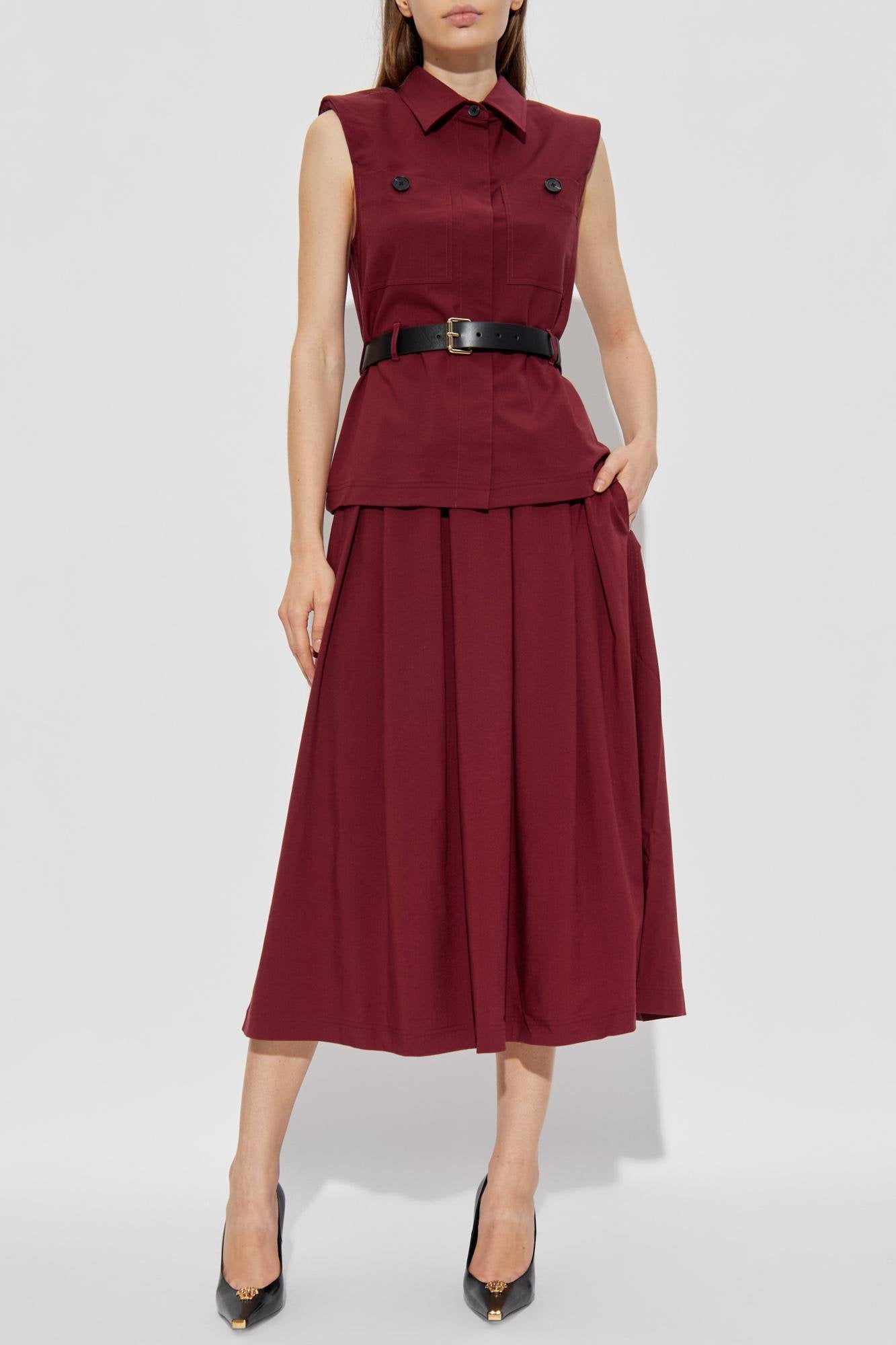 SP Burgundy Twill Belted Midi Dress (Top & Skirt Set)