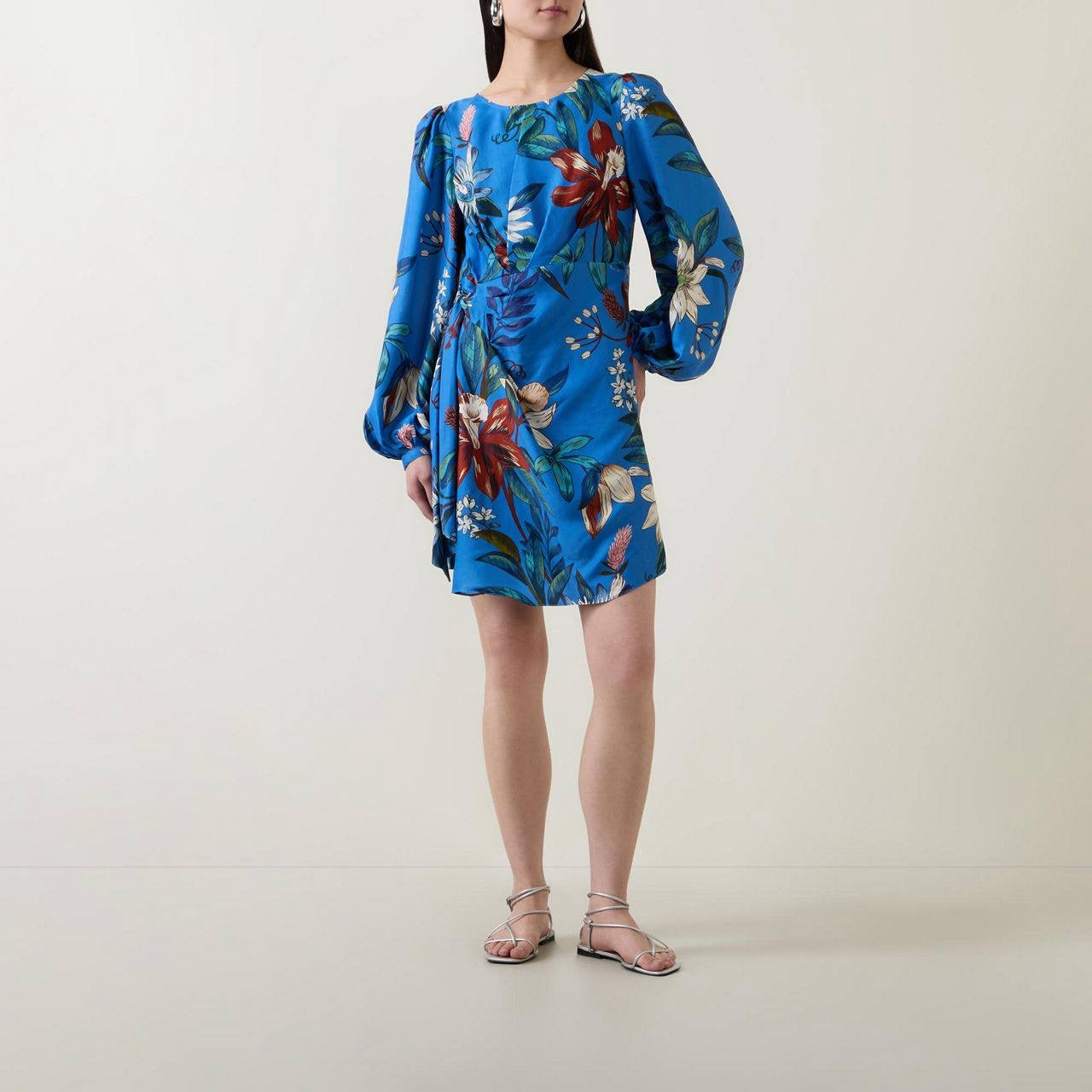 FR Blue Surreal Flowers Viscose Wrap Mini Dress