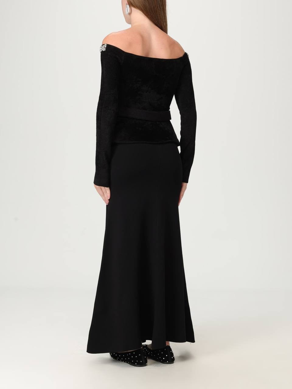 SP Black Chenille Knit Crystal-Trim Off Shoulder Peplum Midi Maxi Dress