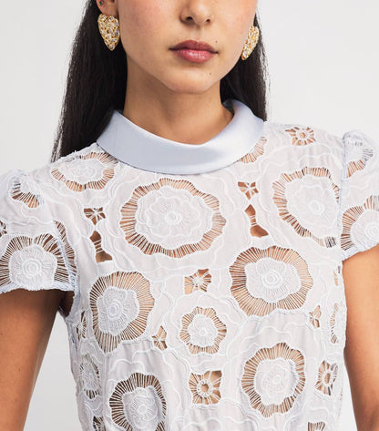 SP Blue Lace Floral Satin Collar Midi Dress