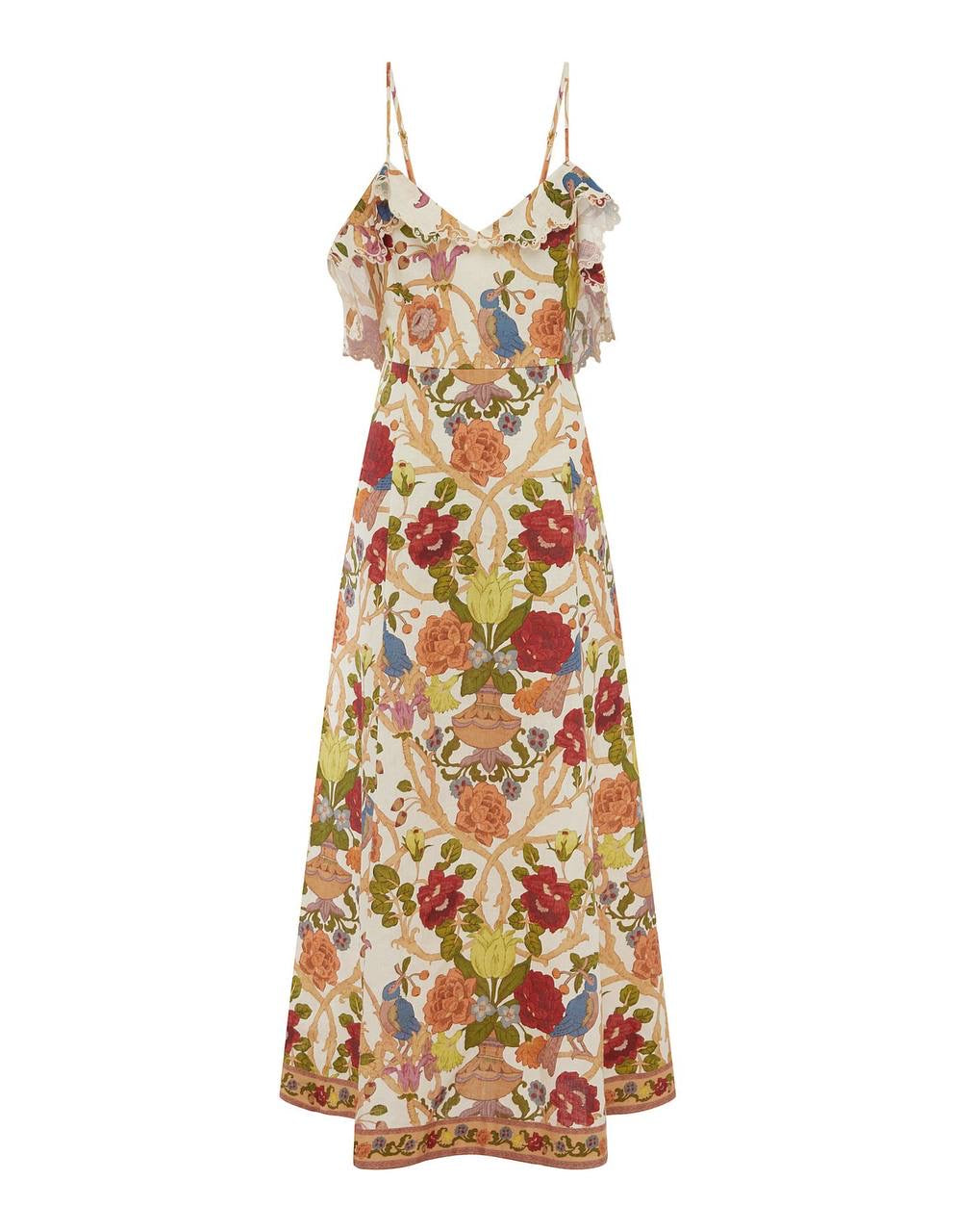 ALM Nissa Ruffle Linen Strappy Midi Dress