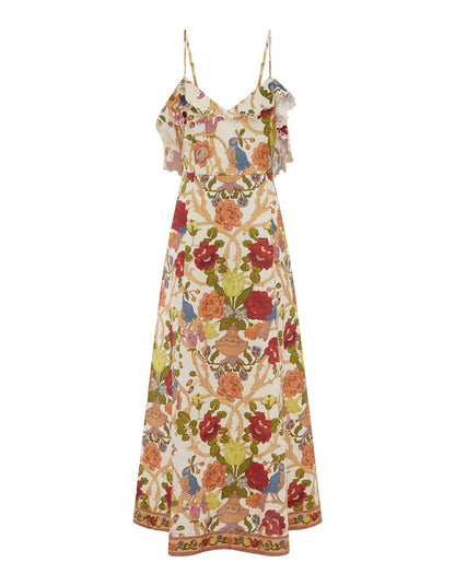 ALM Nissa Ruffle Linen Strappy Midi Dress