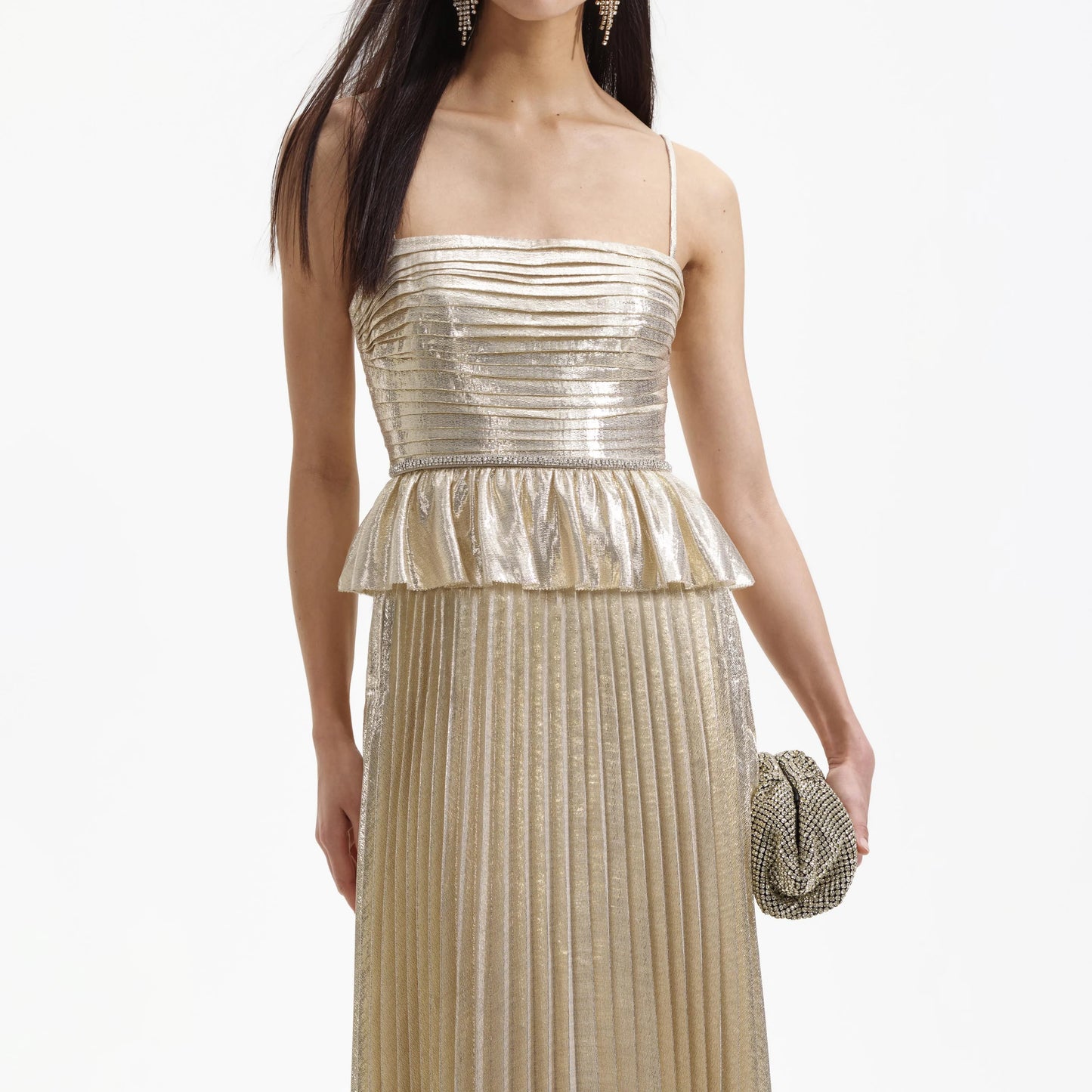 SP Gold Metallic Peplum Pleated Maxi Dress