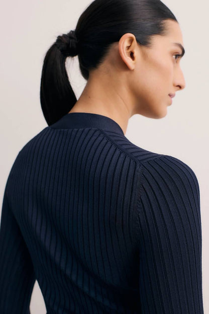 TF Orsett Viscose-blend Stretch Knit Long Sleeve Top in Navy blue