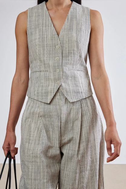 AA Cecilia Cotton Vest | Bari Crop Trousers | Set in Cream Pin Stripe