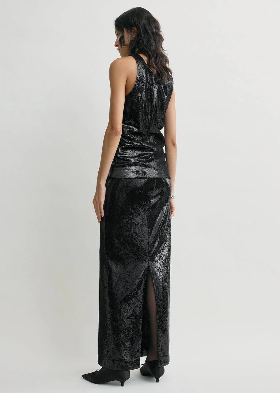 TOT Sequin Curved Sequin Tank | Long Sleeve Shirt | Low-waist Column Midi Skirt | Set