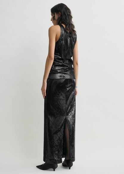 TOT Sequin Curved Sequin Tank | Long Sleeve Shirt | Low-waist Column Midi Skirt | Set