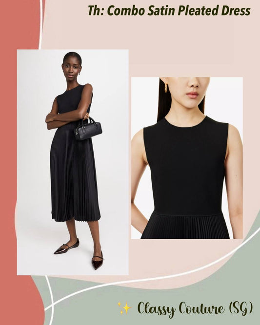 TH Combo Satin Pleated Midi Dress in Black