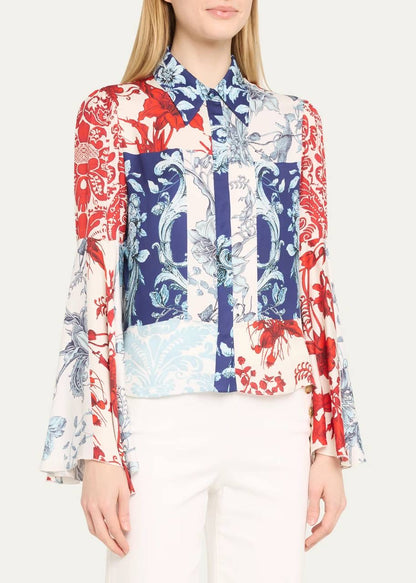 AO Willa Fitted Placket Bell-Sleeve Stretch-Silk Top