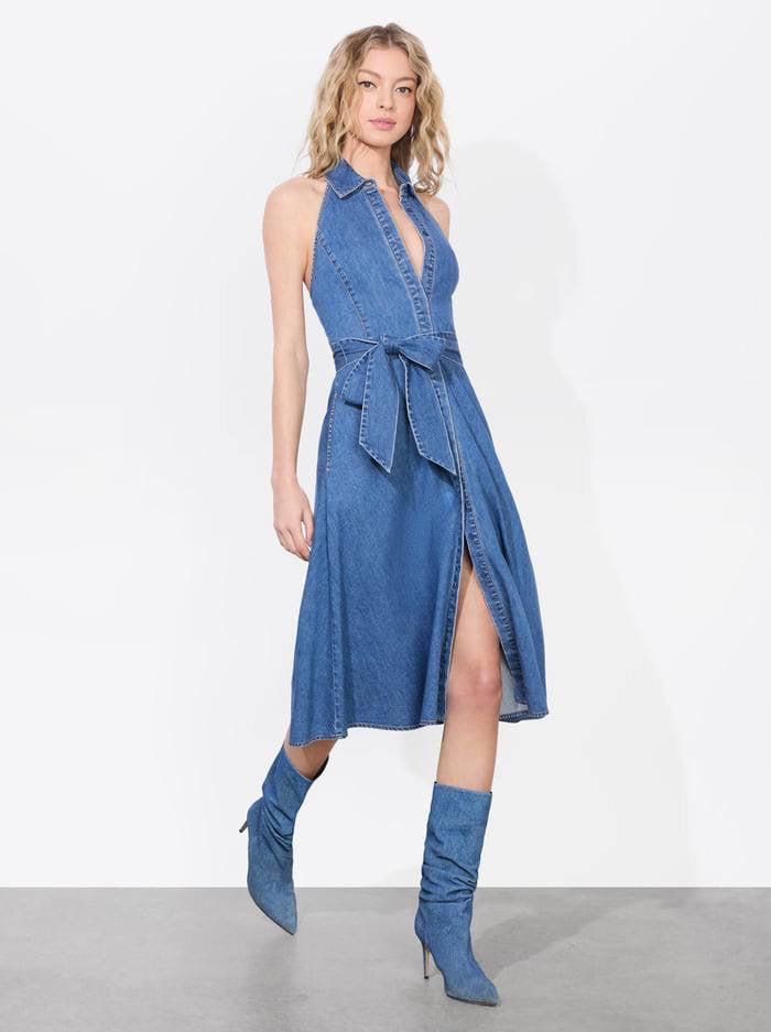 AO Chassidy Chambray Halter-neck Cotton Midi Dress