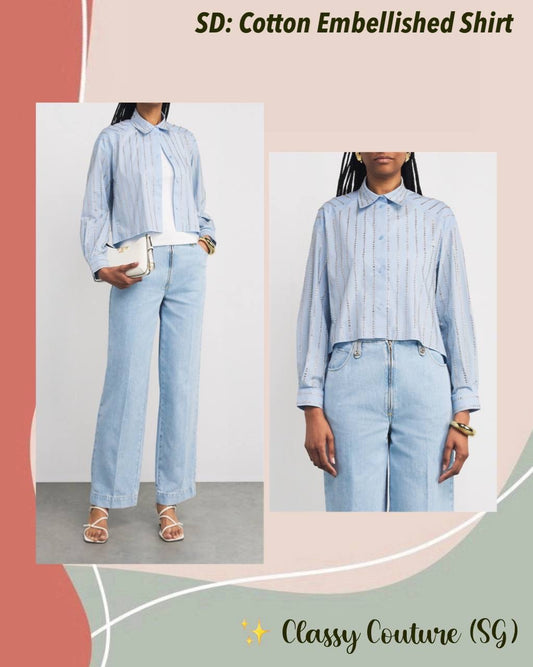 SD Celena Cotton Striped Embellished Cropped Button Down Shirt