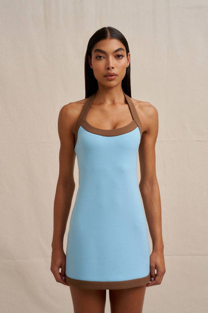 BJ Colette Halter Contrast Mini Dress in Brown/Blue