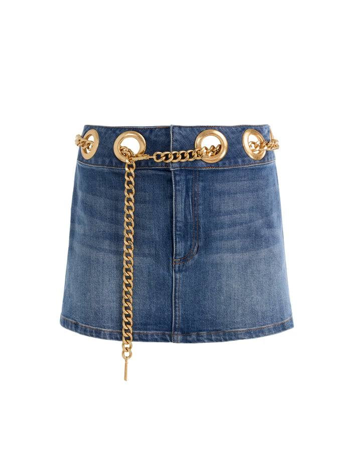 AO Morgana Chain Belt Stretch-cotton Denim Mini Skirt