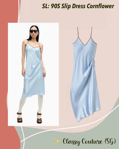 SL 90S Adjustable Silk Slip Midi Dress in Cornflower Blue /Red Contrast