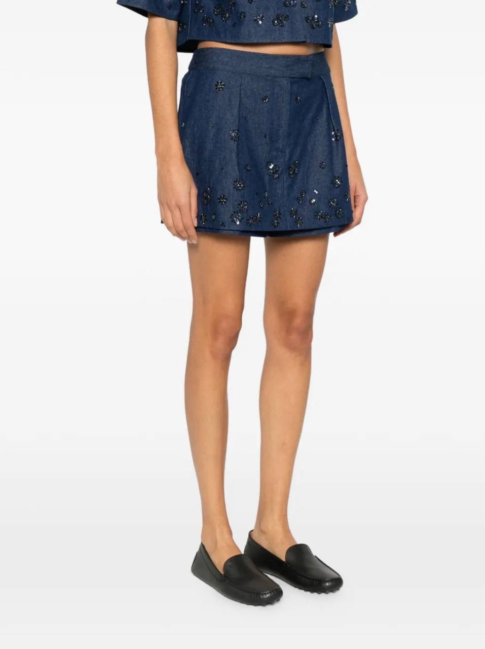 MJ Cobradi Crop Top | Jobradita Midi Skirt | Layered Shorts Skort | Embroidered Denim Embellished Crystal Set