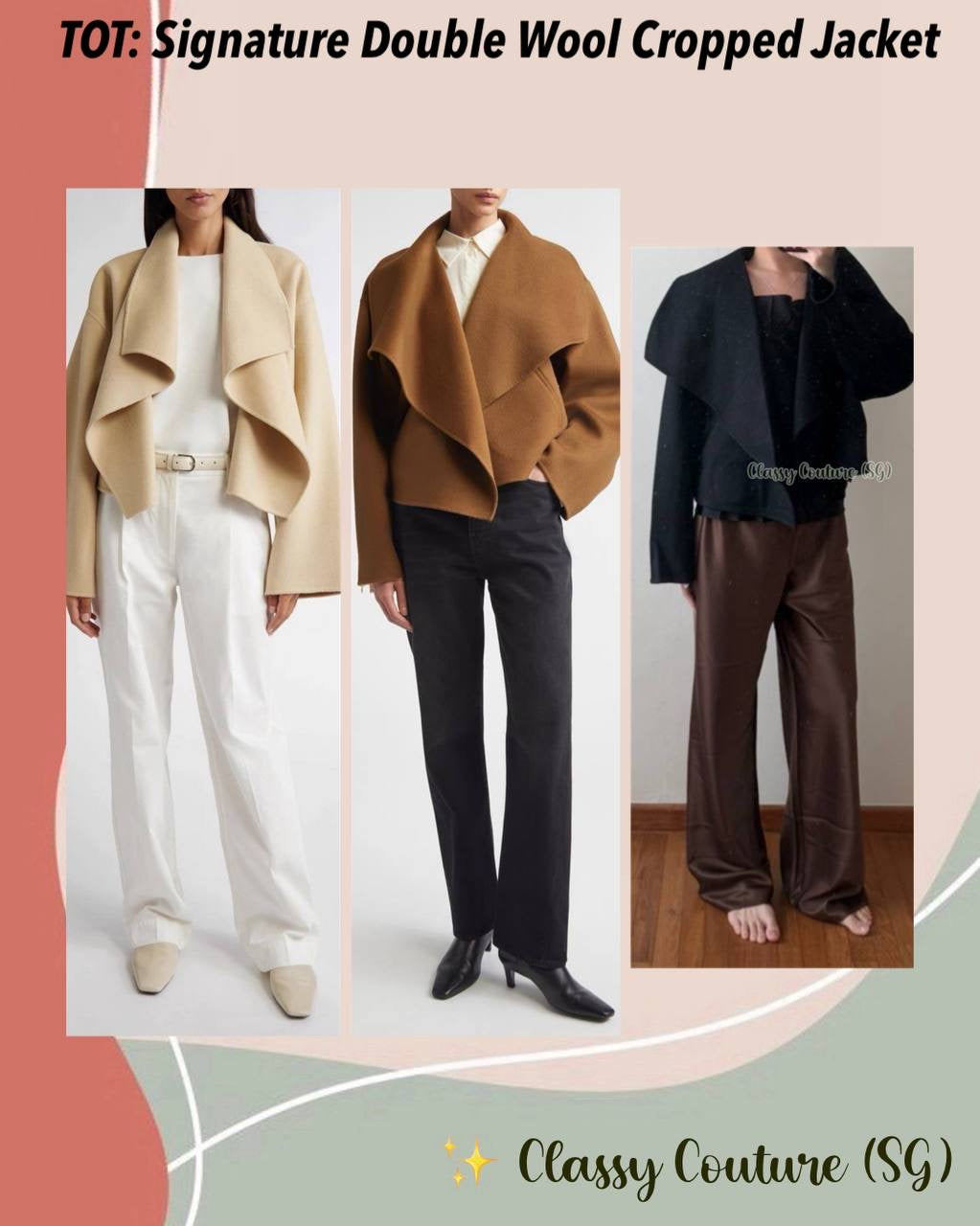 3 Colors! Tot Signature Cropped Double Face Wool Jacket Coat