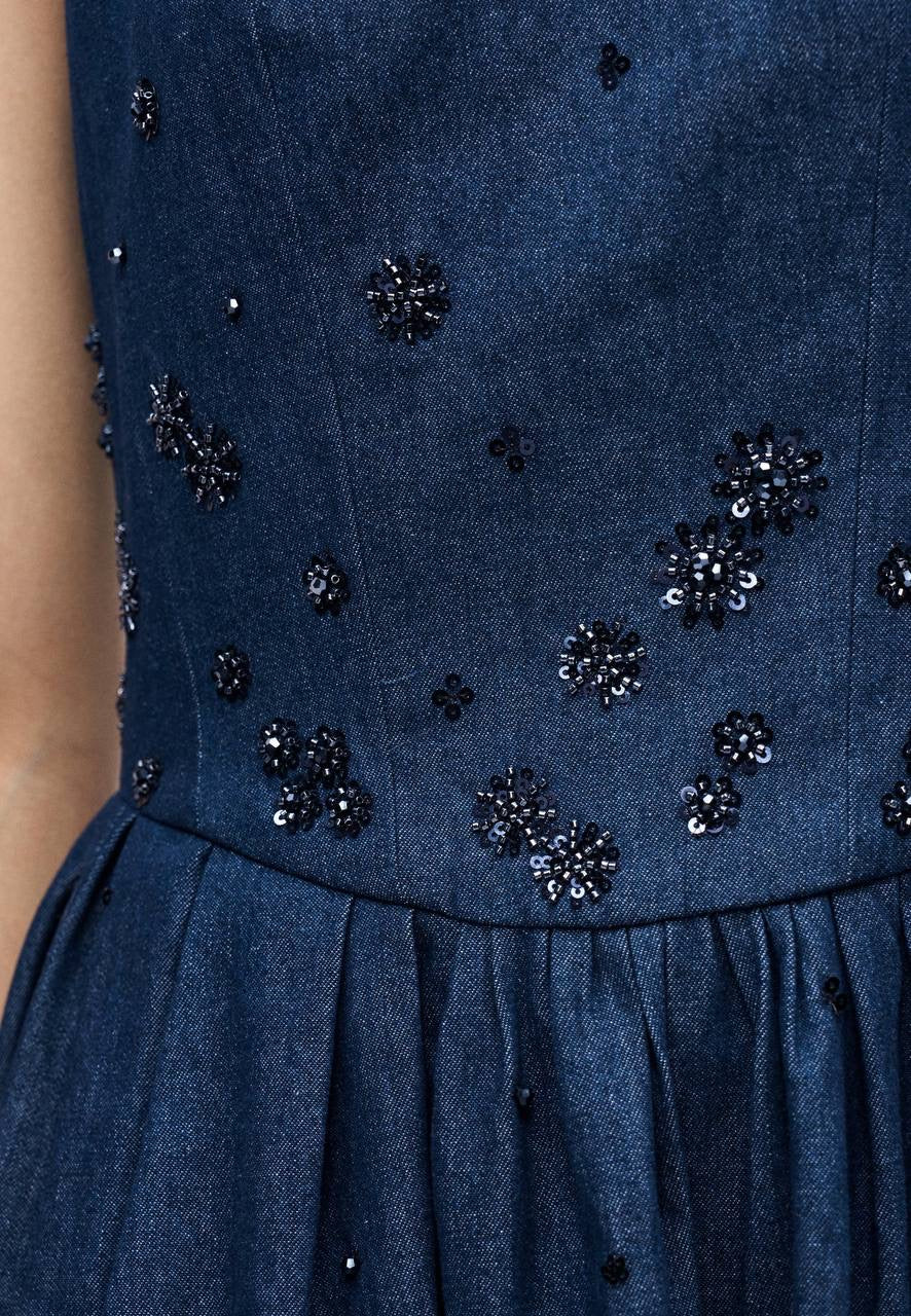 MJ Robradito Flared Embroidered Denim Mini Dress