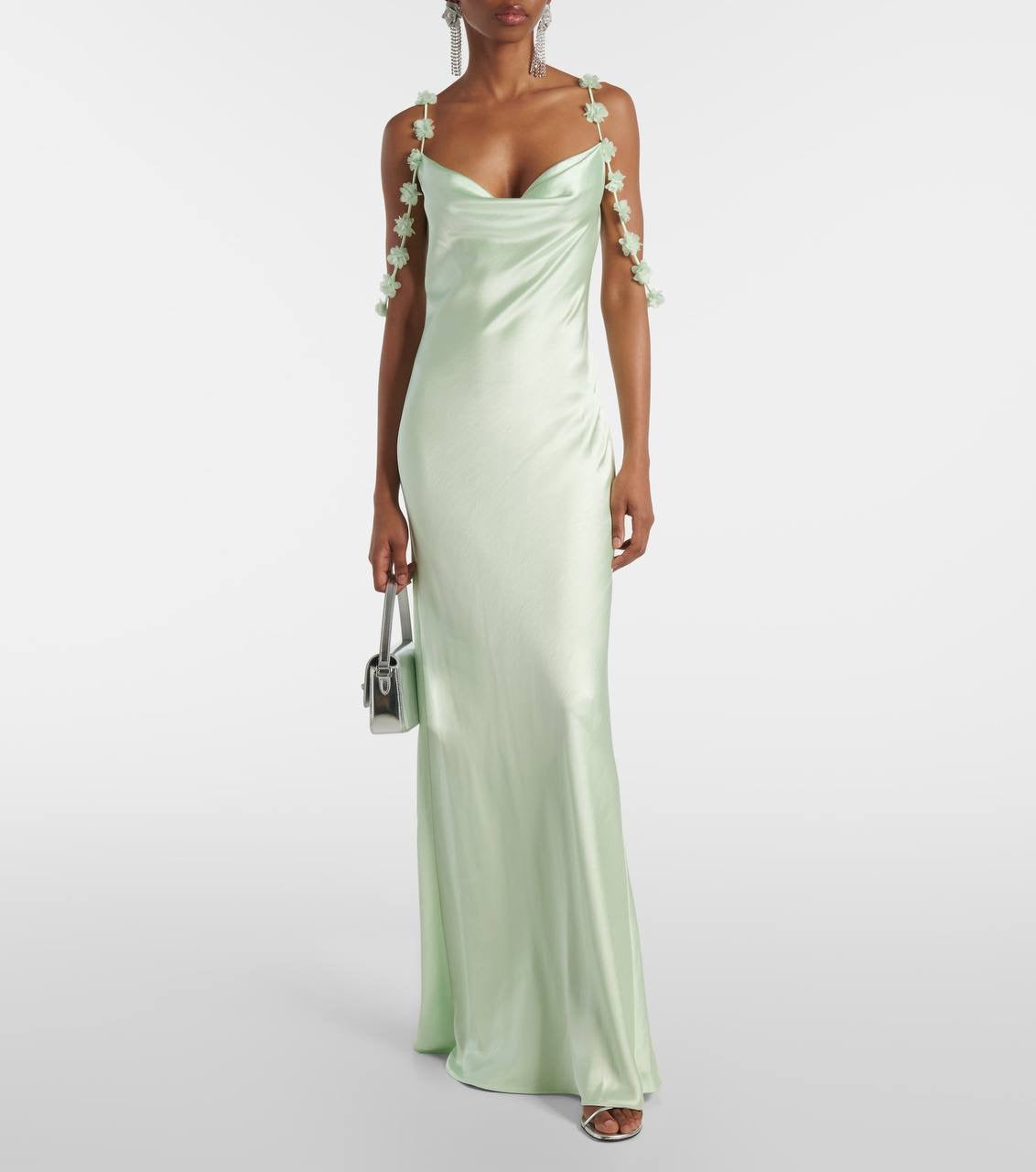 SP Mint Green Floral-Applique Cowl-neck Satin Gown Maxi Dress