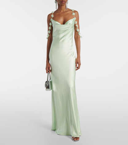 SP Mint Green Floral-Applique Cowl-neck Satin Gown Maxi Dress