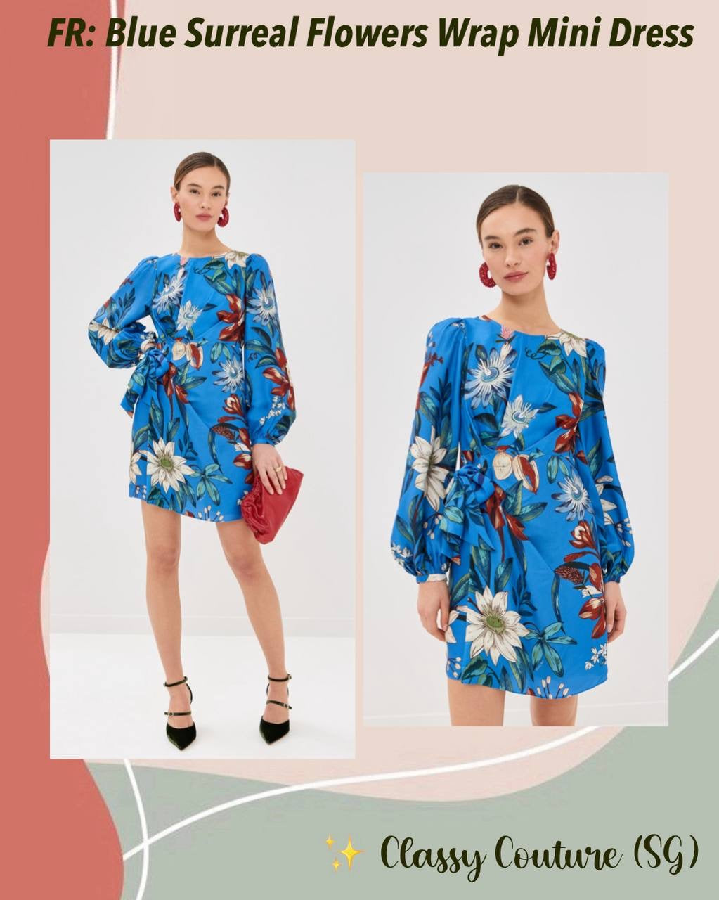 FR Blue Surreal Flowers Viscose Wrap Mini Dress