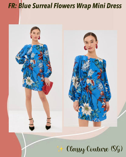 FR Blue Surreal Flowers Viscose Wrap Mini Dress