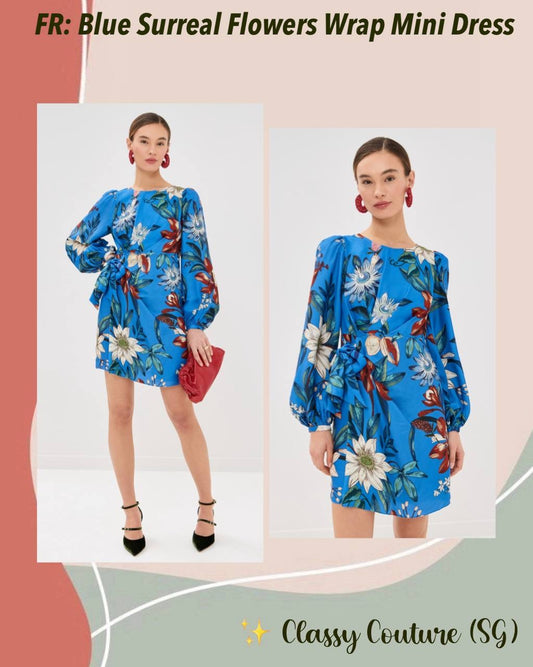FR Blue Surreal Flowers Viscose Wrap Mini Dress